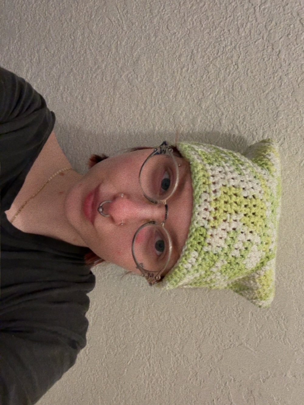 Handmade Crochet Cat Ear Beanie - Lime Green & White
